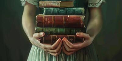 hands holding stacks of books photo