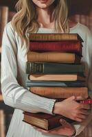 hands holding stacks of books photo