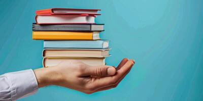 hands holding stacks of books photo