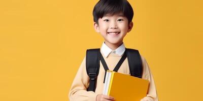 niños con libros y mochilas espalda a colegio foto