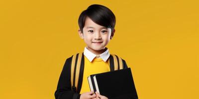 niños con libros y mochilas espalda a colegio foto