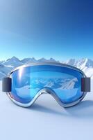 Ski goggles with mountains reflection photo