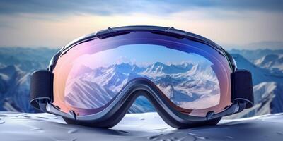 Ski goggles with mountains reflection photo