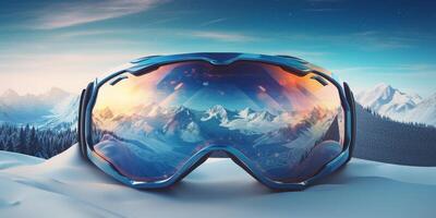 Ski goggles with mountains reflection photo