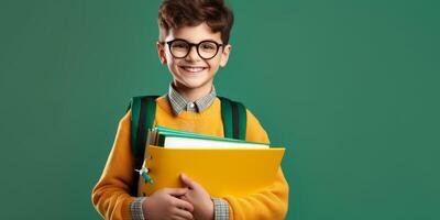 niños con libros y mochilas espalda a colegio foto