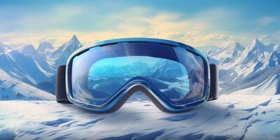Ski goggles with mountains reflection photo