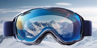 Ski goggles with mountains reflection photo