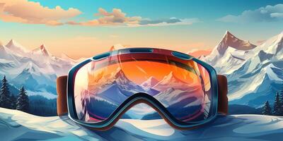 Ski goggles with mountains reflection photo