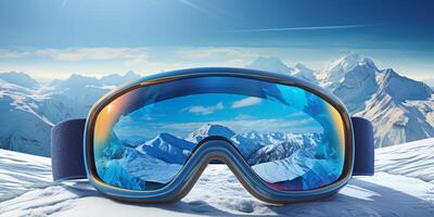 Ski goggles with mountains reflection photo