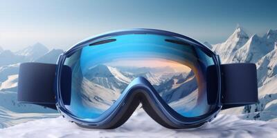 Ski goggles with mountains reflection photo