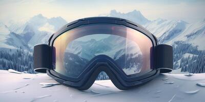 Ski goggles with mountains reflection photo