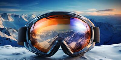 Ski goggles with mountains reflection photo