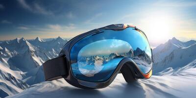 Ski goggles with mountains reflection photo