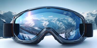 Ski goggles with mountains reflection photo