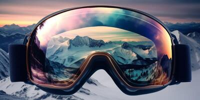 Ski goggles with mountains reflection photo