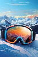 Ski goggles with mountains reflection photo