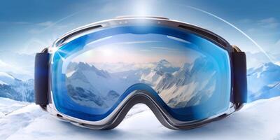 Ski goggles with mountains reflection photo