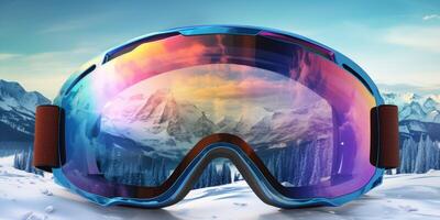 Ski goggles with mountains reflection photo