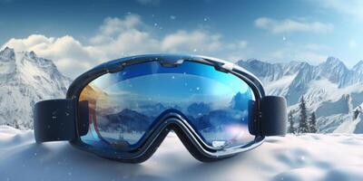 Ski goggles with mountains reflection photo