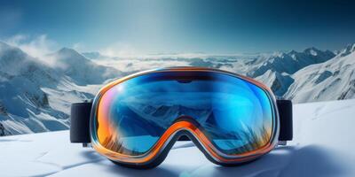 Ski goggles with mountains reflection photo