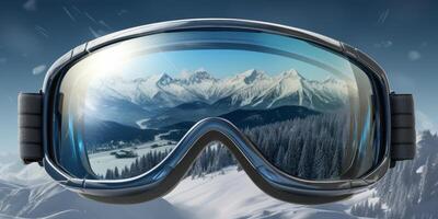 Ski goggles with mountains reflection photo