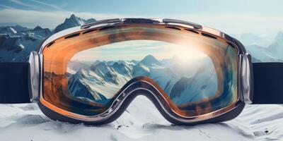 Ski goggles with mountains reflection photo