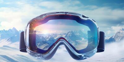 Ski goggles with mountains reflection photo