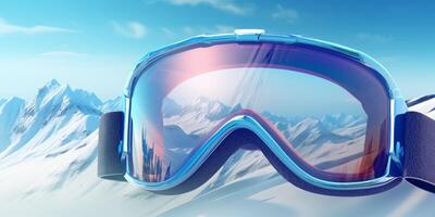 Ski goggles with mountains reflection photo