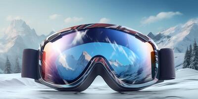 Ski goggles with mountains reflection photo