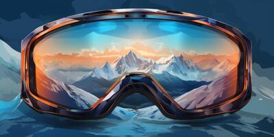 Ski goggles with mountains reflection photo