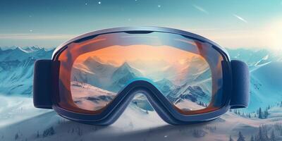 Ski goggles with mountains reflection photo