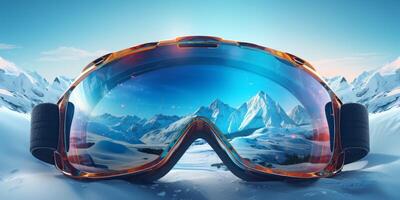 Ski goggles with mountains reflection photo