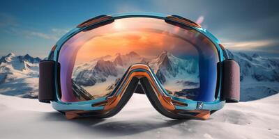 Ski goggles with mountains reflection photo