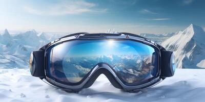 Ski goggles with mountains reflection photo