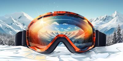 Ski goggles with mountains reflection photo