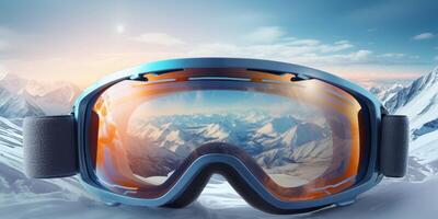 Ski goggles with mountains reflection photo