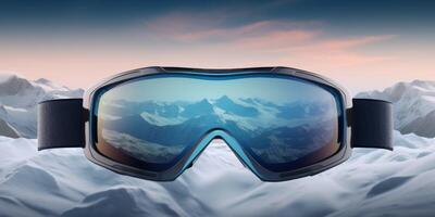 Ski goggles with mountains reflection photo