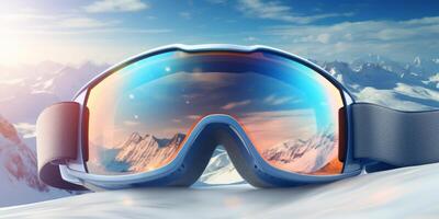 Ski goggles with mountains reflection photo