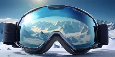 Ski goggles with mountains reflection photo