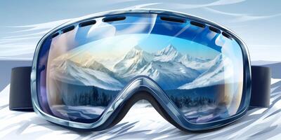 Ski goggles with mountains reflection photo