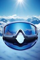 Ski goggles with mountains reflection photo