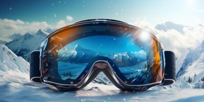 Ski goggles with mountains reflection photo