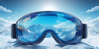 Ski goggles with mountains reflection photo