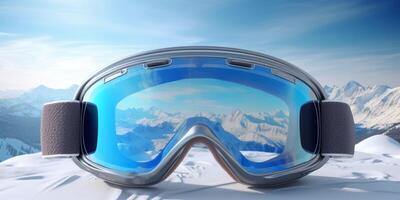 Ski goggles with mountains reflection photo