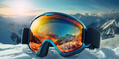 Ski goggles with mountains reflection photo