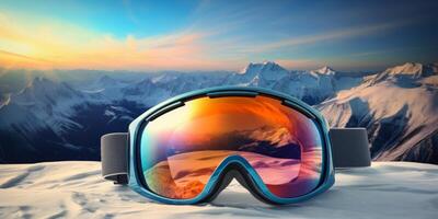 Ski goggles with mountains reflection photo