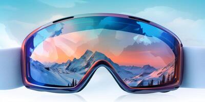 Ski goggles with mountains reflection photo