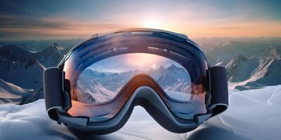 Ski goggles with mountains reflection photo