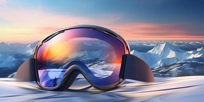 Ski goggles with mountains reflection photo