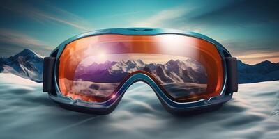 Ski goggles with mountains reflection photo